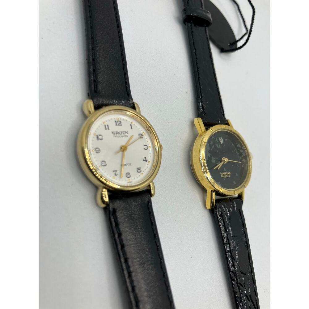 Women's Watch Lot‎ of (2) Gold Tone BLACK LEATHER Gruen Diamon Analog